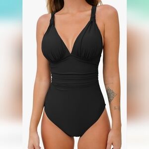 Deep V Neck‎ Tummy Control Ruched V Back Classic Bathing Suits SZ S